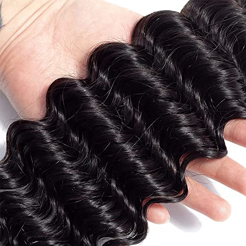 Human Hair Bundle Natural Black Deep Wave Bundles 20 22 24 inch 100% Unprocessed Brazilian Virgin Hair 3 Bundles #1b Color Natural Black 150g
