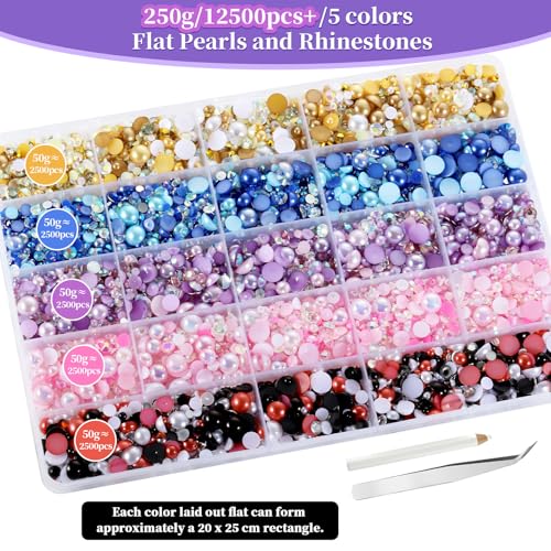 250g Flatback Pearls and Rhinestones for Bedazzling, 5 Colors Flat Back Pearls and Sequins for Crafting, 3mm-8mm Bedazzler Gems Kit for DIY Nail Shoes Clothes Tumblers Art