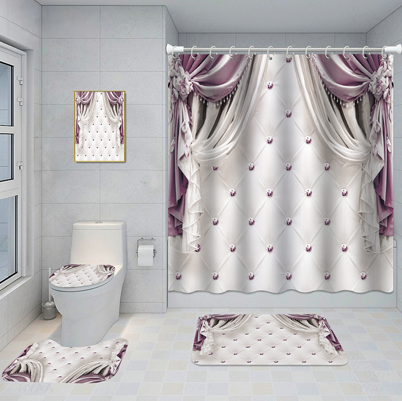 Bathroom 5-Piece Shower Curtain Set with Mat and Decorative Aluminum Frame