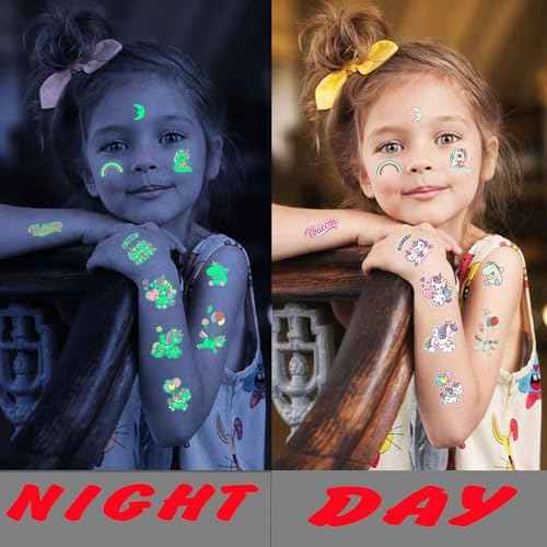 15 Sheets Unicorn Glow in The Dark Temporary Tattoos for Kids Girls Toddler Cute Fun Glitter Night Luminous Waterproof Fake Tattoo Sticker For Children Birthday Gifts Party Supplies Favor