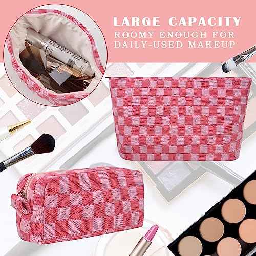 Makeup Bags Checkered Cosmetic Bag- 2PCS Travel Toiletry Bag Aesthetic Portable Accessories Pouch Preppy Pencil Checkered Pencil Pouch Case Cute Brushes Storage Bag for Women - Pink