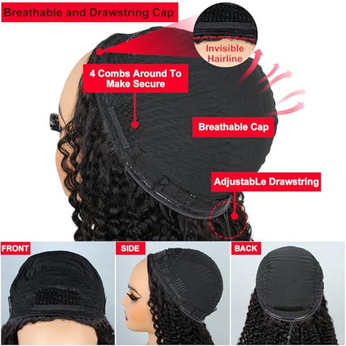 Kinky Curly Half Wig Human Hair 200% Density 3 In 1 Curly Half Wig Seamless Drawstring Curly Human Hair Wig Wear Go Glueless Wigs Human Hair Beginner Friendly (Kinky Curly Nautal Color, 16 Inch)