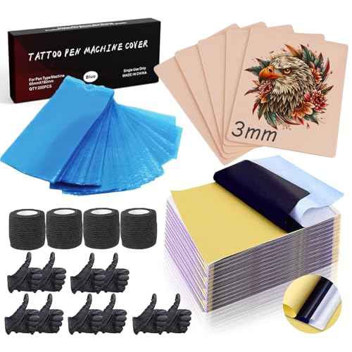 224pcs Tattoo Practice Kit - Include 200pcs Large Tattoo Machine Pen Covers 4pcs Tattoos Grip Wraps 5pcs 3mm Tattoos Skins 10pcs Transfer Paper and 5 Pairs of Gloves for Tattooing Beginner Supplies