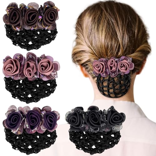 4Pcs Flower Hair Bun Holder Covers Hair Bun Cover Barrettes Hair Net Snood Pocket Hair Clip Ribbon Mesh Hairnet Hair Accessories for Women
