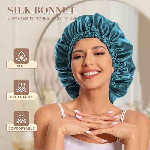 Satin Bonnet Silk Bonnet Hair Bonnet for Sleeping-Slouchy Beanie Hat Satin Sleep Cap for Women's Natural & Curly Hair(Blue Zircon)