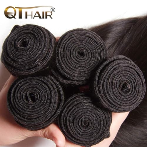 QTHAIR 16A Virgin Hair Brazilian Straight Hair Bundles with 4X4Lace Closure (12'' 14'' 16''+10'') 100% Unprocessed Straight Brazilian Virgin Hair Weave Natural Color
