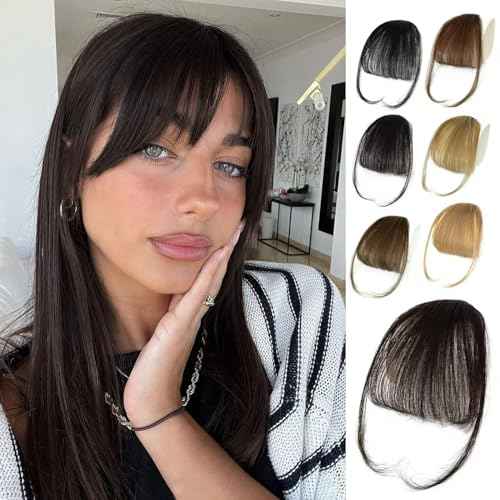 NAYOO Bnags Hair Clip- Dark Brown Fake Bangs 100% Real Human Hair Extensions Wispy Bangs for Women Fringe with Temples Hairpieces Curved Bangs for Daily Wear£¨Dark Brown Wispy Bangs£©