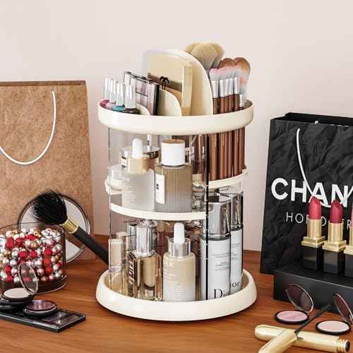 Beige 360 Rotating Makeup Organizer for Vanity - 6 Tier Adjustable Spinning Bathroom Counter Cosmetic Display Cases and Makeup Holder for Palette,Eyeshadow,Brush,Cologne Organizer