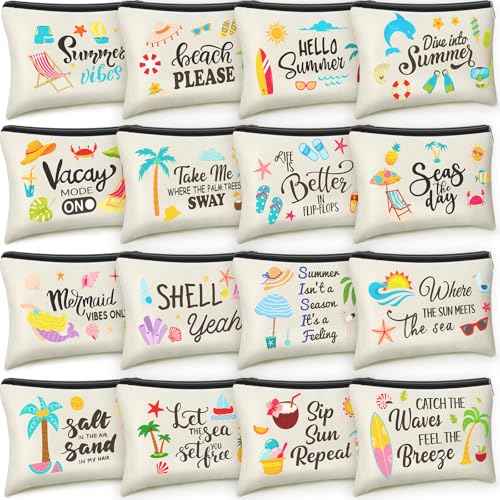 Kacctyen 16 Pcs Christmas Makeup Bag Gifts Bulk Cosmetic Bag with Zipper Santa Snowman Red and Green Travel Make up Pouch Portable Storage Pouch for Women Xmas Party Accessories(Summer)