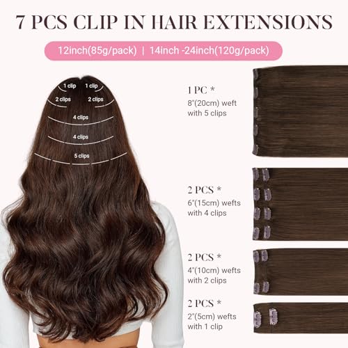 MAXITA Clip in Hair Extensions Real Human Hair, 7 pcs Chocolate Brown 18 Inch 120g, Clip ins Remy Hair Natural Straight Hair for Woman