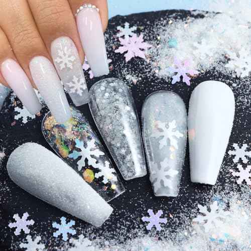 6 Boxes Winter Snowflake Nail Art Glitter Sequins 3D Holographic Christmas Nail Art Flakes White Nail Glitter Powder Snowflakes Hexagon Design Xmas Snow Confetti Glitter Makeup DIY Manicure Decoration