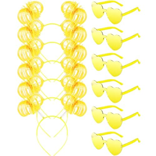 12 Pcs Pom Pom Headband Tinsel Wrapped Ponytail Headband with Heart Sunglasses Costume Halloween Cosplay Hair Party Accessory(Yellow)