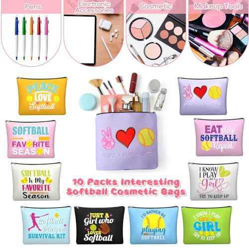 10 Pcs Softball Gifts Makeup Bags Softball Cosmetic Goodie Bag Bulk with Zipper Sport Theme Waterproof Travel Case for Christmas Women Lovers Team Gifts Female Coworkers Friends BFF Besties