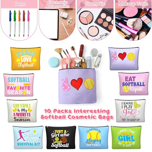 10 Pcs Softball Gifts Makeup Bags Softball Cosmetic Goodie Bag Bulk with Zipper Sport Theme Waterproof Travel Case for Christmas Women Lovers Team Gifts Female Coworkers Friends BFF Besties
