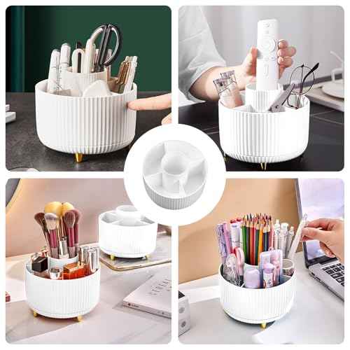Diesisa Makeup Brush Holder Organizer,360¡Æ Rotating Makeup Brush Organizer,5 Slot Make up Brushes Cup for Cosmetics, Nail Polish, Art Supply, Bathroom Vanity Desktop Organizer - White