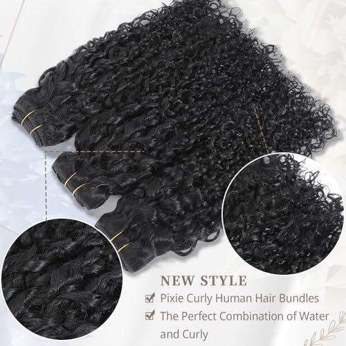 Pixie Curly Bundles Human Hair Water Wave Human Hair Bundles 16 18 20 Inch Kinkycurly Bundles 3c4a Quick Weave Water Wave with Spiral Curly End 100% Raw Virgin Hair Extensions 3pcs Wavy Natural Black