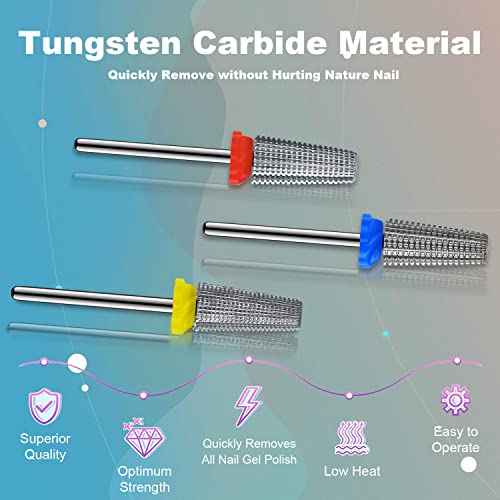 3Pcs Carbide 5 in 1 Nail Drill Bit Set- Two Way Rotate Use for Both Left and Right Handed- XF£¬ F£¬ M 3/32 Inches Brocas Para Drill Nails for Acrylic Nail Gel Fast Remove