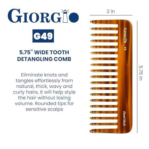 Giorgio G49 Large 5.75 Inch Detangling Comb, Wide Teeth for Thick Curly Wavy Hair. Long Hair Detangler Comb For Wet and Dry. Handmade of Quality Cellulose, Saw-Cut, Hand Polished, Tortoise Shell