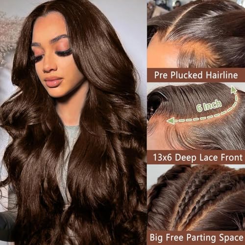 GOLFMAX Chocolate Brown Lace Front Wig 13X6 Lace Front Wig Body Wave Human Hair Pre Plucked With Baby Hair Brown Wigs Human Hair 18 Inch