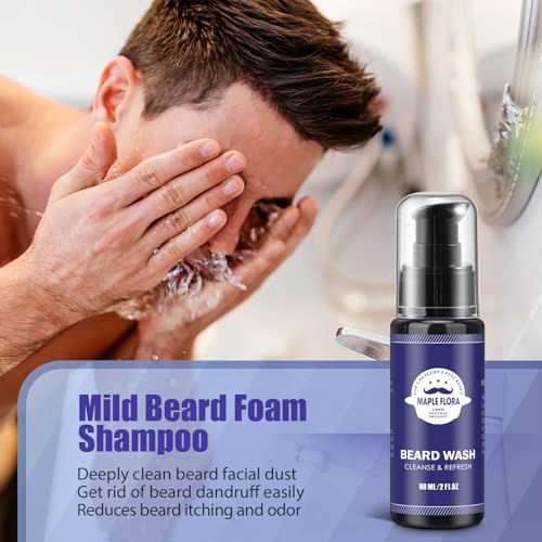 Beard Gift Kit - Oil,Wash,Conditioner, Roller (Needle Length: 0.25mm) for Beard, Storage Bag,Mustache Gifts Set for Boyfriend Husband Fathers Dad Men Him