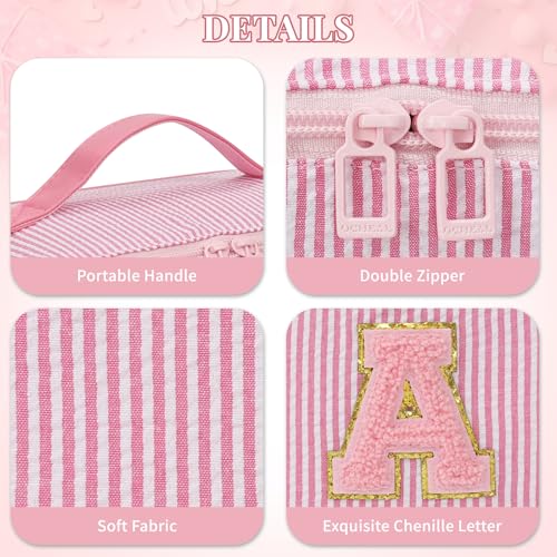 Travel Makeup Bag for Women, 2Pcs Portable Personalized Initial Makeup Organizer Bag, Open Flat Large Cosmetic Bag With Travel Essential Pouch (Pink Letter A)