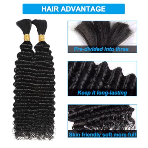 Human Braiding Hair Boho Braids Human Hair 110g 26 Inch Deep Water Wave Bulk Human Hair for Braiding No Weft Bundle 12A Brazilian Virgin Curly Hair Extensions Wet and Wavy Human Braiding Hair