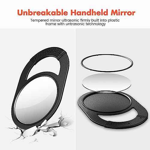 TASALON Unbreakable Hand Mirror, Hand Mirrors with Handle, Salon, Barber Mirror for Hair, Anti-Slip Hand Held with Rubber Grip for Travel, Makeup, Shaving, Shower, Camping - Black