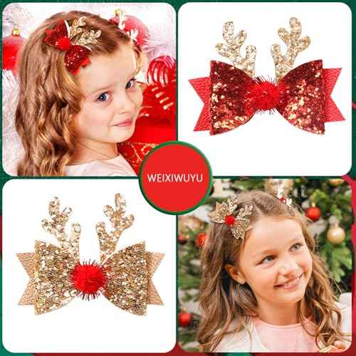 3Pcs Children's Christmas Antler Glitter Hair Clips,Hairball Elk Bow Hair Barrettes Hair Clip Glitter Christmas Elk Hair Red Golden Hair Clips Party Costume Accessories for Girls