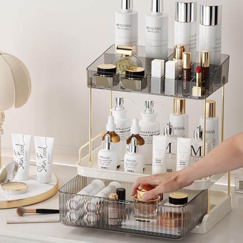 YCIA & DONE Bathroom Counter Organizer, Multi Makeup, Skincare, Perfume, Cosmetic, Vanity Countertop Organizer - Large Capacity, 2 Tier with Drawer - Easy to Install, Clean, Smoky Gray