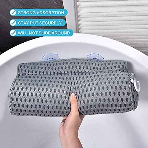 OMYSTYLE Bath Pillow for Tub, Quick Dry & Extra Thick Bathtub Pillow for Head Neck and Back Support, 4D Air Mesh with Powerful Suction Cups, Dark Grey