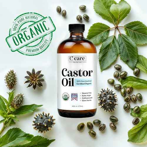 C CARE Castor Oil 100% Pure Organic Cold Pressed Unrefined Glass Bottle | USDA Certified Organic | Hexane Free Extra Virgin | For Hair Growth Eyebrows Eyelashes Skin and Castor Oil Pack Wrap | 16oz