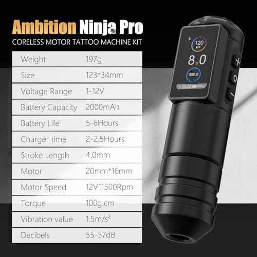 Ambition Ninja Pro Tattoo Machine with Coreless Motor - Rotary Cartridge Tattoo Pen with 2000mAh Power Supply for Professionals and Beginners Tattoo Artists
