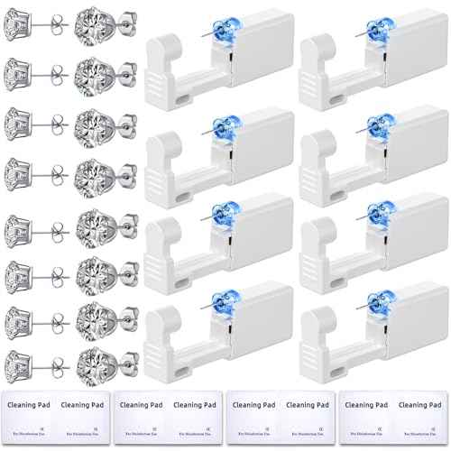 24 Pcs Ear Piercing Kit Disposable Ear Piercing Gun Kit with 8 Pcs Self Piercing Gun and 8 Pcs Silver Earrings Stud 8 Pcs Cleaning Pads
