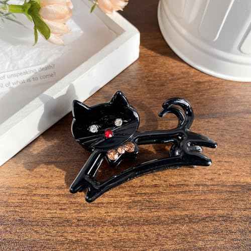 1pcs Cute Cat Hair Claw Clips With Rhinestone Design - Black Barrettes for Thick and Thin Hair - Medium Acrylic Accessories for Women - Autumn Winter Decoration