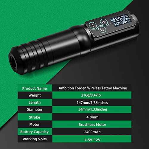 Ambition Torden Wireless Tattoo Machine with Brushless Motor - 2400mAh Rotary Battery Cartridge Pen with Extra Power Supply Digital LED Display for Professionals and Beginners Tattoo Artists
