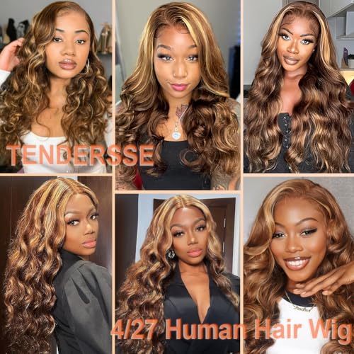 Highlight Ombre 5x5 Pre Plucked Pre Cut Lace Front Wigs Human Hair 4/27 Colored Bouncy Body Wave Lace Frontal Wig Honey Blonde Ombre Glueless 5x5 HD Lace Closure Wigs for Women 180 Density 18 Inch