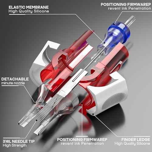 50PCS Finger Ledge Tattoo Cartridge Needles Assorted Mixed Size #10 Bugpin Round Liner Shader Magnum - 3RL 5RL 7RL 9RL 5RS 9RS 7RM 9RM 11RM 7M1 with Membrane Pro Disposable Tattoo Needles