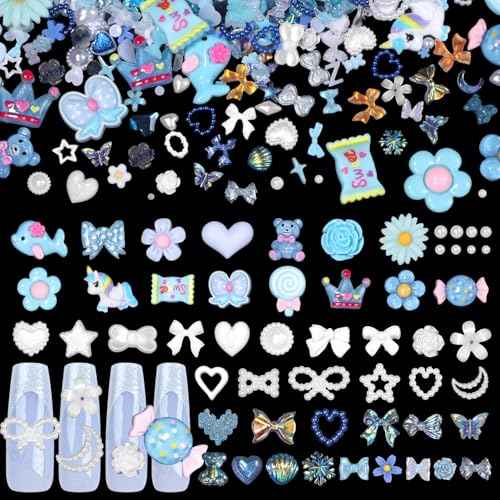 300 Pcs Blue Charms for Junk Cases, Cute Resin Nail Candy Flower Charms, 3D Mix Assorted Pearls Nail Charms, Multi Shapes Flower Bow Star Heart Junk Case Charms for Nail Art DIY Crafts Accessories