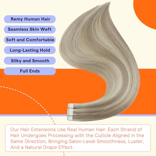 Full Shine Tape in Extensions Human Hair 24 Inch Hair Extensions Real Human Hair Color 18 Fading to 613 Ash Blonde Highlight Tape in Extensions 50g Invisible Hair Extensions Tape Ins 20Pcs