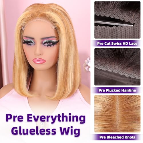 Highlight Bob Wig Human Hair 5x5 HD Lace Closure Wear and Go Pre Everything Glueless Wig Human Hair 200 Density Real Hair Wigs for Black Women Virgin Hair Straight Wigs 18 Inch Highlight 4/27#
