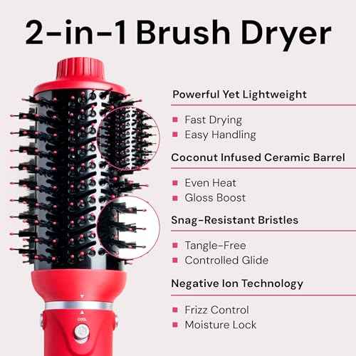 L'ANGE HAIR VolumeBoost 60mm 2-in-1 Ceramic Volumizing Brush Dryer | Fast Drying & Styling for Frizz-Free, Voluminous Blowouts | Ceramic-Coated Barrel (Red)