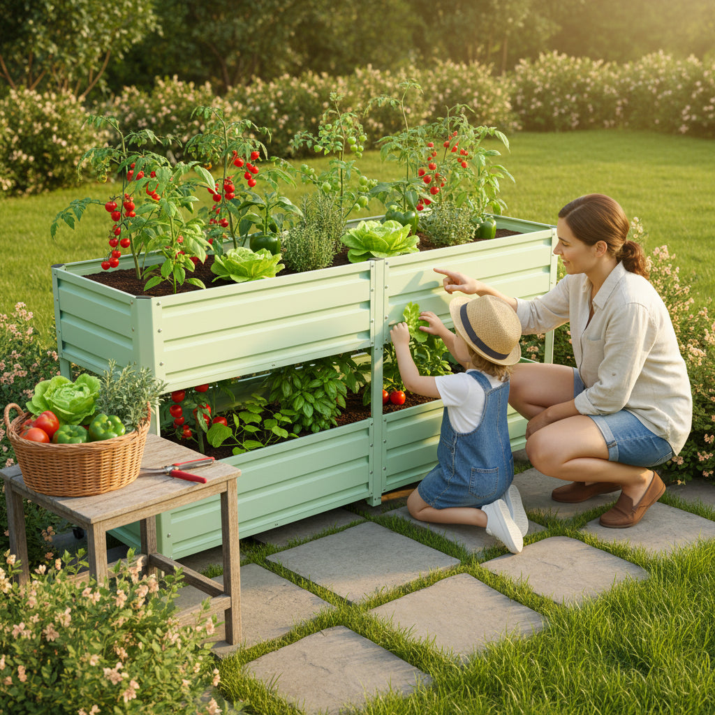 Dual Tier Elevated Metal Raised Garden Bed with Lockable Wheels