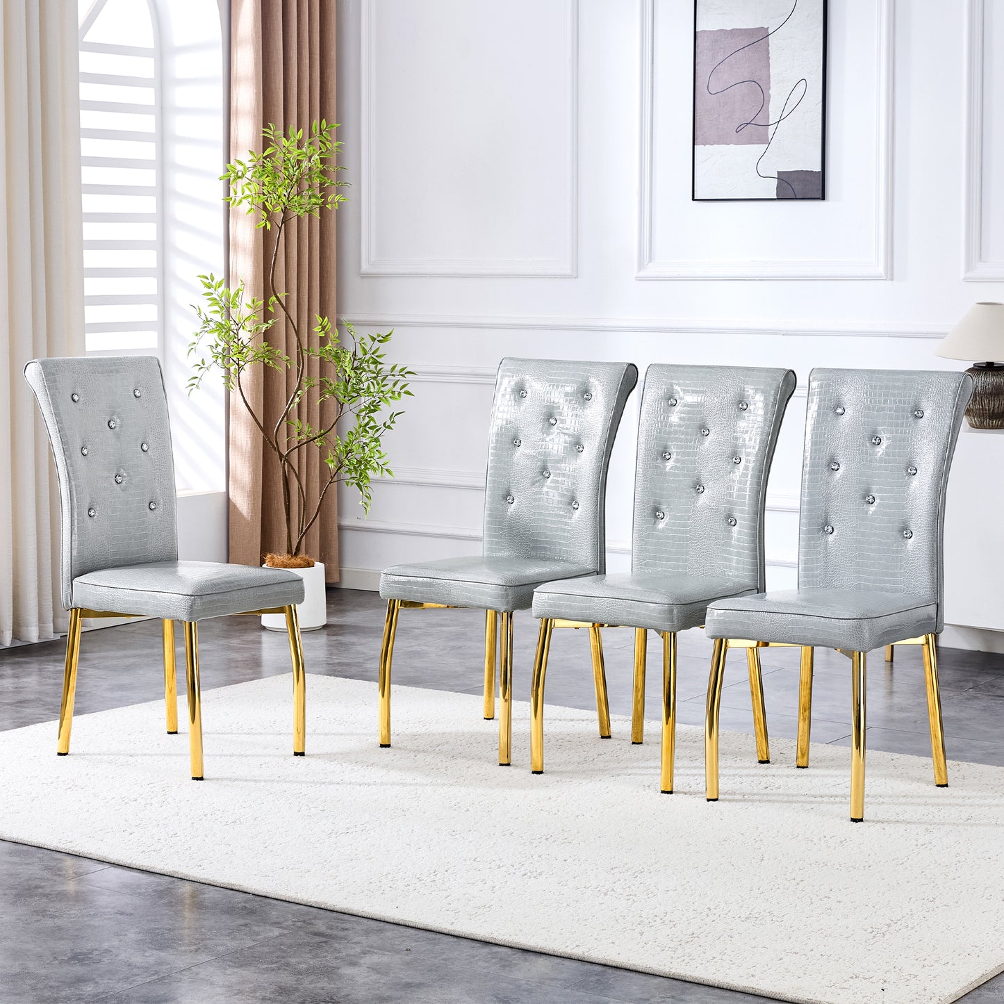 Set of 2 Gray and Gold Vintage Cushioned Dining Chairs