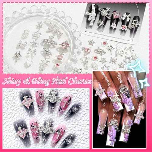 BELICEY 66Pcs 3D Nail Charms Silver Bow Star Planet Charms for Nails Alloy Gun Heart Dollar Charms and Gems Pink Crystal Rhinestones Y2k Nail Jewels Accessories for Nail Art Supplies Crafts Design