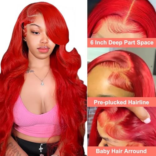 Red Body Wave Lace Front Wigs Hot Red Wig Human Hair 13x6 Frontal Wigs Human Hair Pre Plucked Red Body Wave Wig for Black Women 180% Density 26 Inch