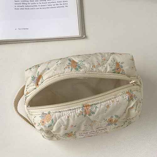 Floral Makeup Bag Cotton Quilted Cosmetic Makeup Bag Organizer, Aesthetic Portable Pouch Purse Toiletry Bag for Women Girls Travel accessories