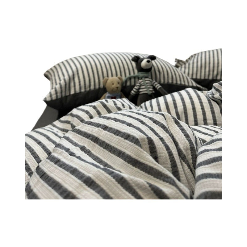 Korean-Style Striped Puffy Duvet Cover Bedding Set - All Sizes & Colors