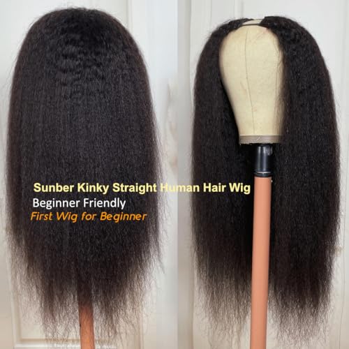 Sunber V Part Wig Human Hair Glueless Wig Kinky Straight Upgrade No Leave Out Vpart Kinky Straight Wigs 150% Density Glueless Clip in Half Wigs No Glue No Sew in Beginner Friendly 18Inch