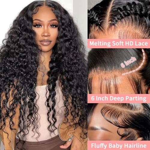 13x6 Deep Wave Lace Front Wigs Human Hair 22 Inch 200 Density HD Lace Frontal Glueless Wigs Human Hair Pre Plucked Deep Curly Wig with Baby Hair Natural Black