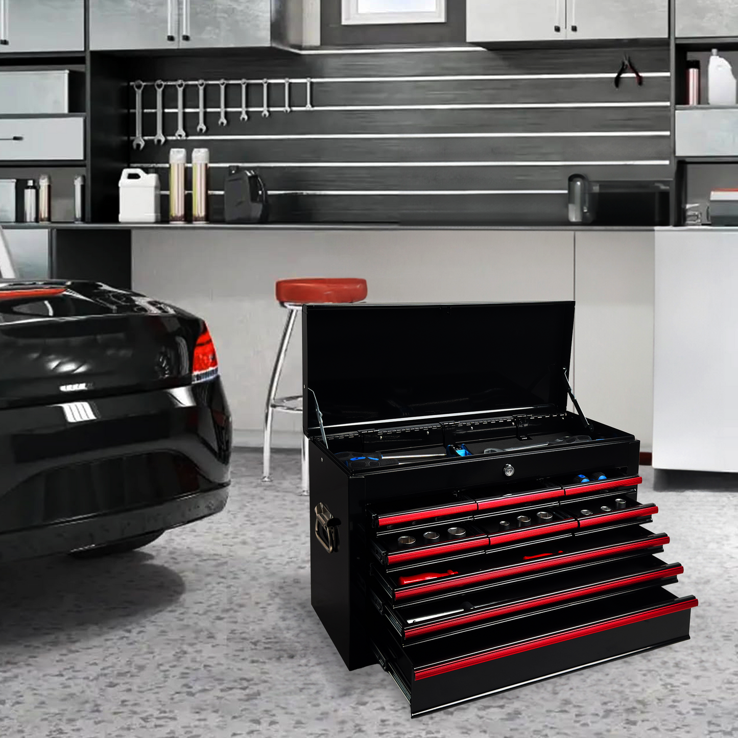 Heavy Duty Metal Tool Box 24 Inch with 9 Drawers & Locking Mechanism - Black